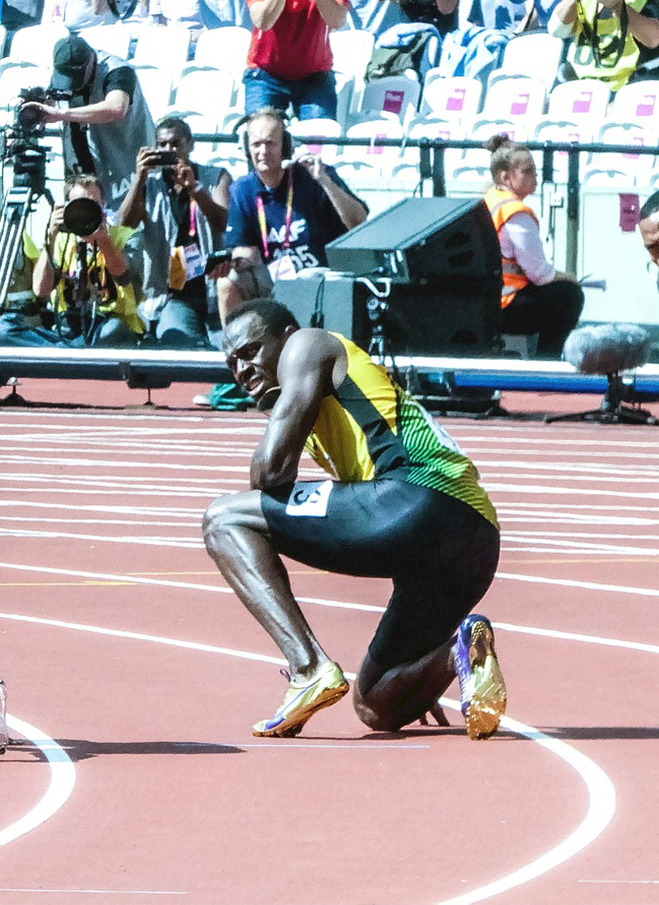Usain Bolt celebrating a victory